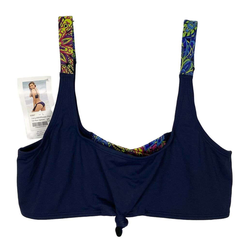 NWT MAPALE Swim Top L Navy Knot Multicolo Strap Crossback Nylon Elastane Stretch
